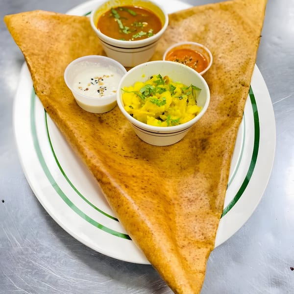 Crispy Grand India dosa with potato masala, sambar, and two chutneys on a white plate.